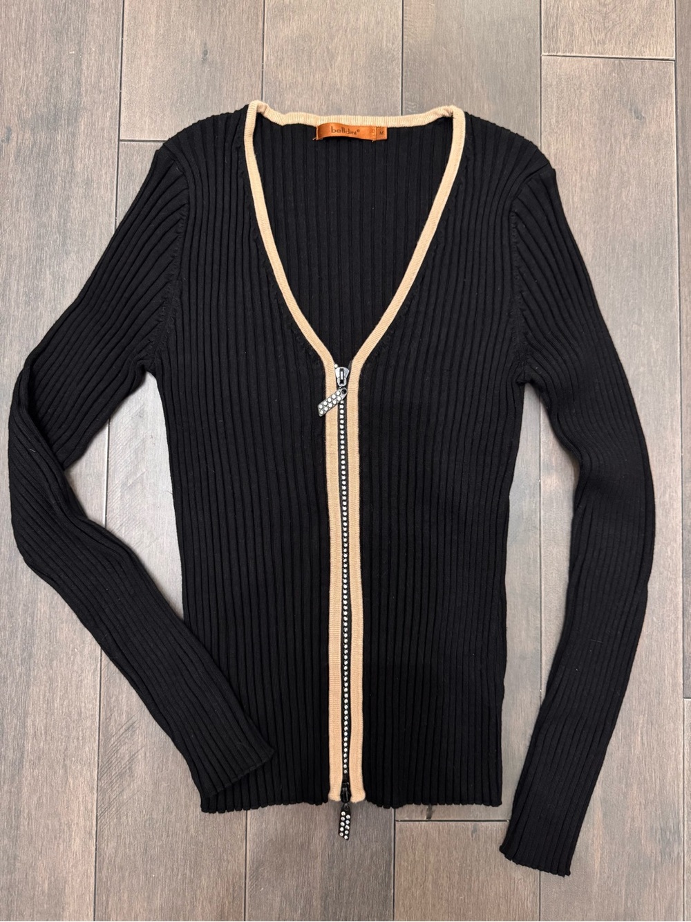 Vintage Y2k Belldini Fitted Black Ribbed Cardigan with Front Zipper